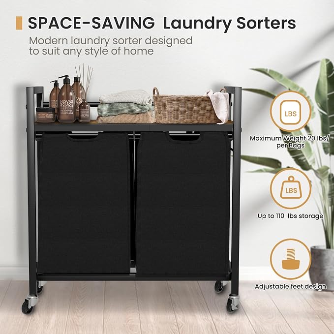SwaaVee Laundry Hamper, Laundry Basket, Laundry Sorter with 2 Removable Bags, Clothes Basket with 2 Compartments, Wheels, Shelf for Laundry Room Bathroom Bedroom (2 Bags-Black) - Image 8