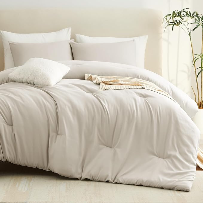 CozyLux Twin Comforter Set Beige, 2 Pieces Twin Extra Long Solid Breathable Bedding Sets for College Dorm, Twin XL Luxury Soft Bed Set with Down Alternative Comforter and 1 Pillowcase All Seasons