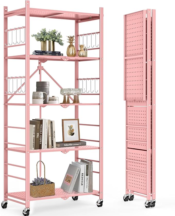 Himix Storage Shelves with 20 Hooks, 5-Tier Foldable Shelves for Storage, Folding Shelf Unit Pantry Shelves with Wheels, Standing Shelving Unit for Kitchen Garage Home Office Room Greenhouse, Pink - Image 8