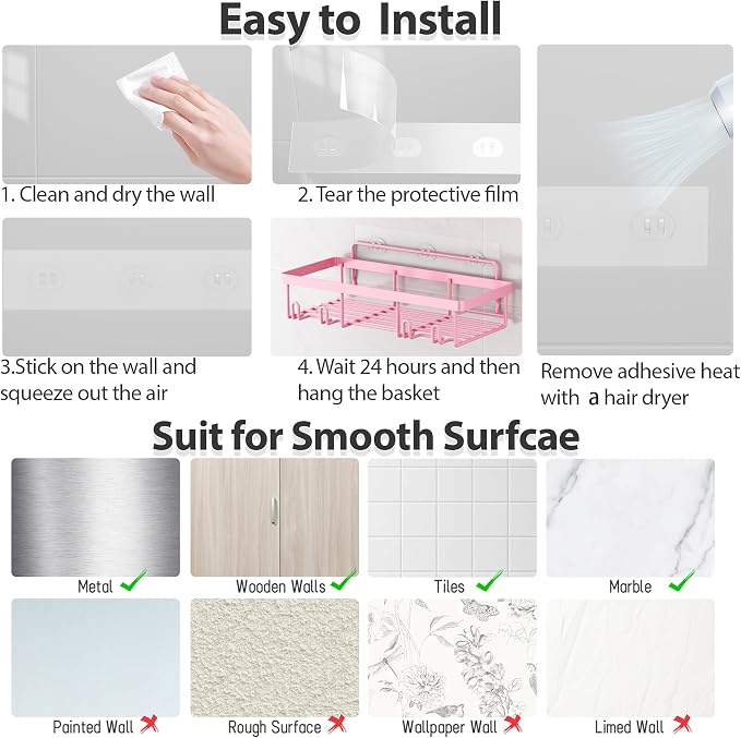Liuoud 10 Pack Shower Caddy Organizer Rack Shelf for Inside Shower, Self Adhesive Wall Storage Basket Rustproof Stainless Steel Shampoo Holder Bathroom Accessory Decor Set, Pink - Image 8