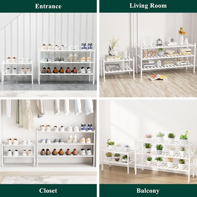 Smiry Shoe Rack, 2 Tier Long Bamboo Shoe Organizer, Stackable Free Standing Wooden Shoe Storage Shelf for Closet, Entryway, Front Door Entrance, White - Image 6