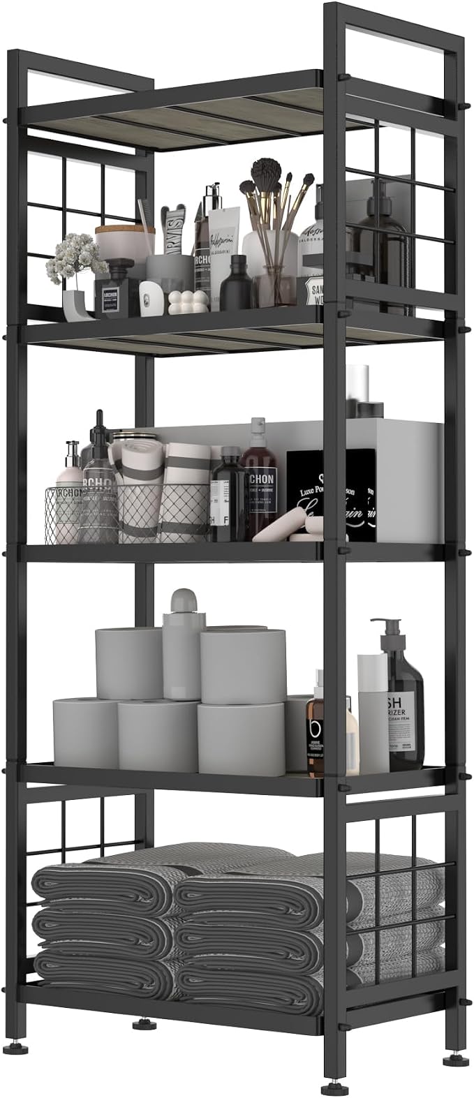 GIOTORENT 5-Tier Pantry Shelves with Wooden Boards, Heavy Duty Storage Shelves & Book Shelf, Adjustable Metal Shelving Unit for Kitchen Bathroom Laundry Organizer, Sturdy Rust-Resistant, Black - Image 9