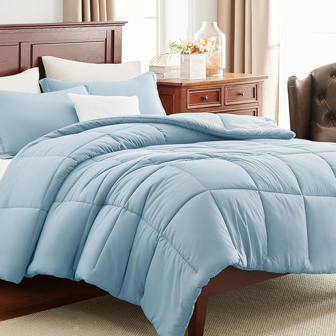 CozyLux Full Size Comforter Sets - Light Blue Comforter Full Size, 3 Pieces Box Stitched Bed Set for All Seasons, Soft Lightweight Bedding Sets with 1 Down Alternative Comforter and 2 Pillow Shams