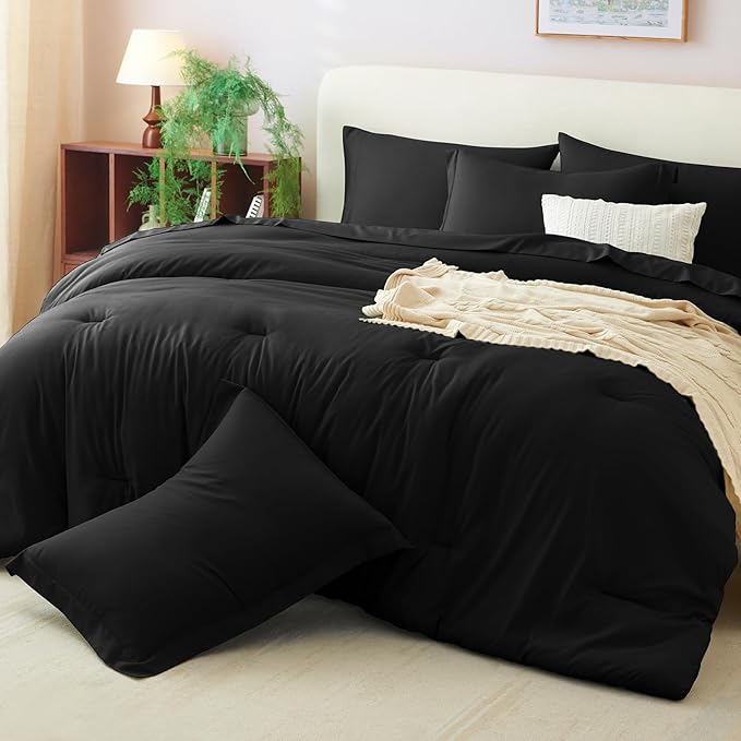 CozyLux California King Comforter Set Black, 7 Pieces Cal King Bed in a Bag Bed Comforter Set with Sheets, Luxury Soft Bedding Sets with Down Alternative Comforter, Sheets, Pillowcases & Shams