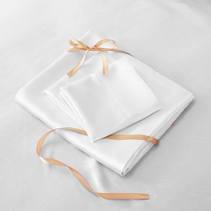 BEDELITE California King Sheets Set, Luxury Soft White Satin Sheets for Hair and Skin, Similar to Silk Bed Sheets Set 4 Pieces with 1 Deep Pocket Fitted Sheet, 1 Flat Sheet, and 2 Pillowcases