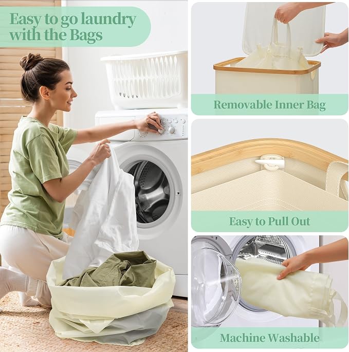 Yecaye 100L Large Capacity Laundry Hamper – Foldable Rolling Laundry Basket, Mobile Clothes Hamper with Wheels, Removable Inner Bag, Bamboo Handle Lid Laundry Bin – Multi-Use Storage,Beige - Image 7