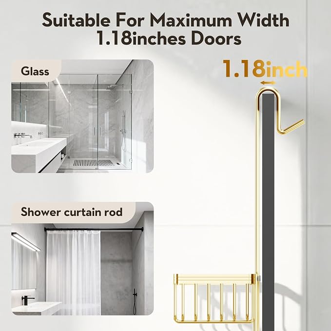 Over the Door Shower Caddy Hanging With Double Soap Holder Never Rust Aluminum Shower Shelf With 4 Hooks Hanging Bathroom Organizer No Drilling Shelves for Bathroom Storage Gold - Image 8