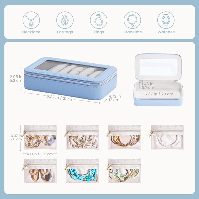 Lolalet 8 in 1 Travel Jewelry Case with Velvet Pouches, Clear Window Travel Jewelry Organizer Bags for Earrings, Bracelets, Necklaces and Rings, Compact Jewelry Storage for Women Girls -Blue, 7PCS - Image 6