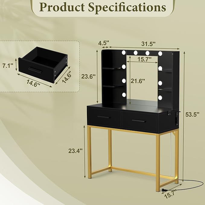 YESHOMY Vanity Desk with Mirror, Makeup Table with 2 Large Drawers, Power Outlet and Round Holder, 3 Color Modes Adjustable Bulb, Pure Black & Golden