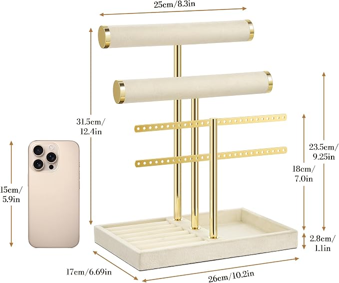 bussdis 3 Tier Bracelet Holder Display - Detachable T Bar Beige Velvet Bracelet Holder, Jewelry Holder Organizer for Bracelet, Necklace, Earrings, Rings - Image 8