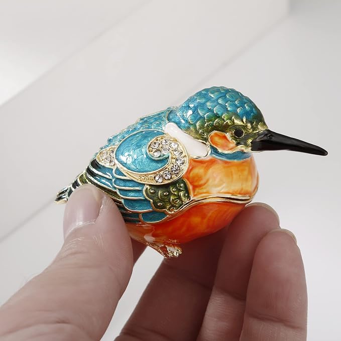 Hand Painted Enamel Kingfisher Trinket Box for Home Decor, Hinged Jewelry Organizer for Ring Earrings, Unique Figurine Keepsake Collectible Personalized Handmade Ornament Gifts (Blue Kingfisher) - Image 6