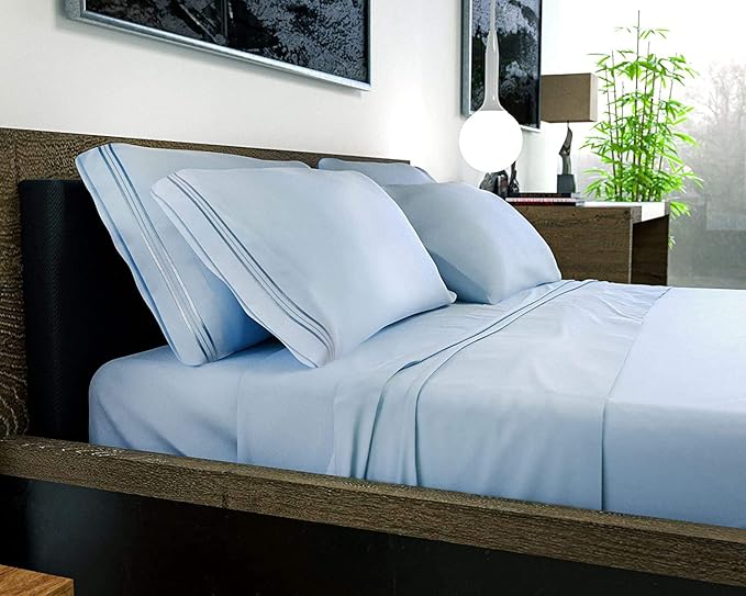 DREAMCARE California King Sheet Sets - 6 pcs Breathable Cooling Bed Sheets - up to 15" Deep California King Sheets with Side Pockets -Extra Soft 100% Brushed Hypoallergenic Hotel Luxury Bedding L-Blue
