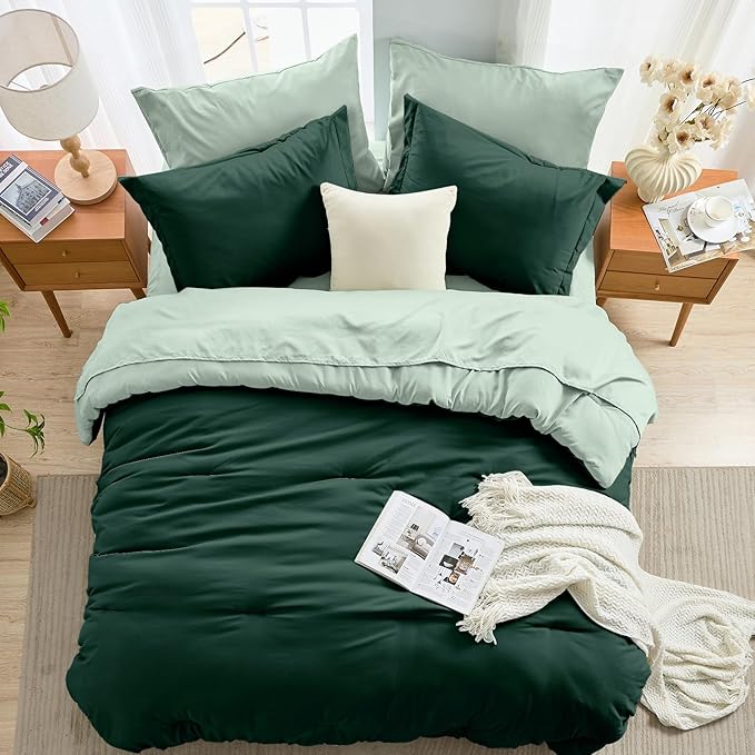MUXHOMO 7 Pieces Queen Comforter Set, Soft Bed in a Bag Queen Size, All Season Bedding Set with Comforter, Flat Sheet, Fitted Sheet, Pillowcases & Shams, Forest Green & Sage Green