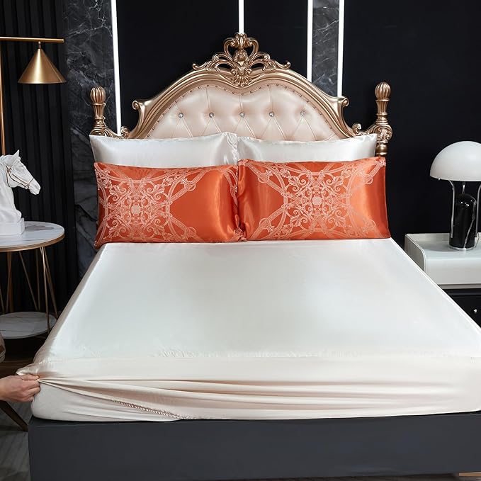 Jacquard Full Comforter Set with Beige Sheet Set Orange Bedding Set 8 Pcs Embroidery Neoclassical Floral Elegant Bed Home Decor Soft Down Comforter Luxury Hotel Silky Bed in a Bag with 1 Cushion Cover