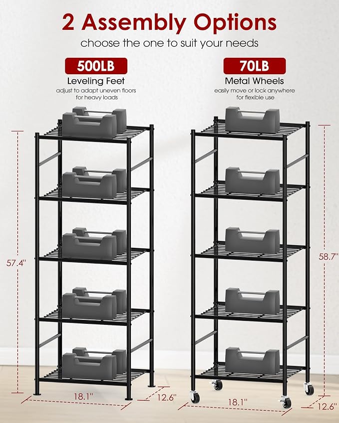 Sakugi Storage Shelves Organizer - 5 Tier Metal Shelf Organizer with Metal Wheels and Adjustable Leveling Feet, Heavy Duty Garage Shelving for Kitchen, Pantry and Closet, 18.1"x12.6"x58.7", Black - Image 3