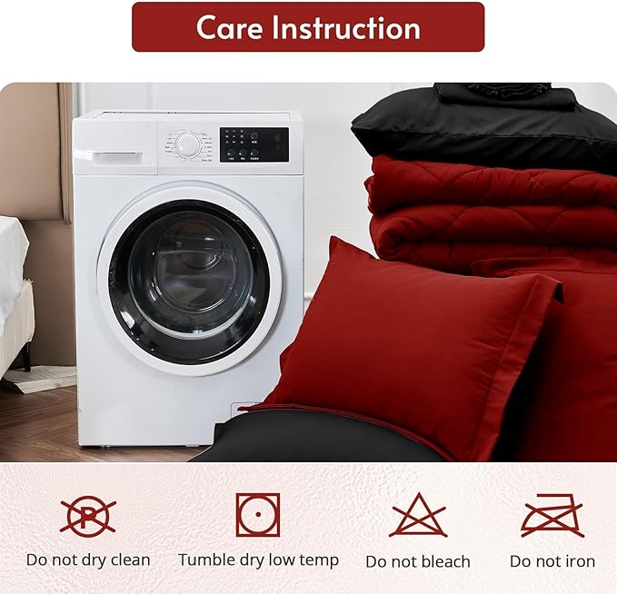MUXHOMO 7 Pieces Queen Comforter Set, Reversible Bed in a Bag Queen Size, All Season Bedding Set with Comforter, Flat Sheet, Fitted Sheet, Pillowcases & Shams, Red & Black