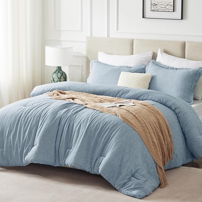 CozyLux California King Comforter Set - 3 Pieces Blue Soft Luxury Cationic Dyeing Cal King Size Bedding Comforter All Season, Breathable Lightweight Fluffy Bed Set with 1 Comforter and 2 Pillow Shams