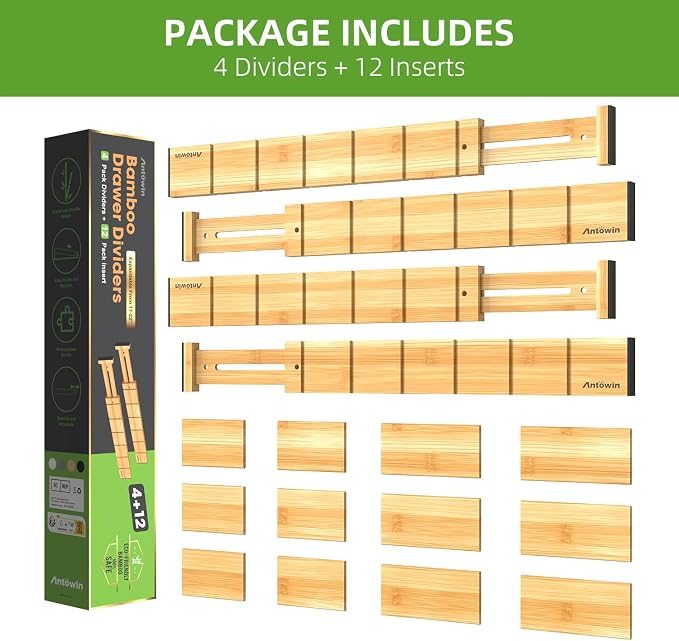 ANTOWIN 4 Pack Expandable Drawer Dividers, 2.2'' High, Extend from 17'' to 22'', Dresser Drawer Organizers, Bamboo Separators for Kitchen, Bedroom, Office, Bathroom, with 12 Pack Divider Inserts - Image 8