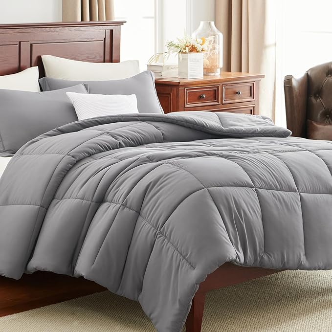 CozyLux King Size Comforter Set - Grey Comforter King Size, 3 Pieces Box Stitched Bed Set for All Seasons, Soft Lightweight Bedding Sets with 1 Down Alternative Comforter and 2 Pillow Shams
