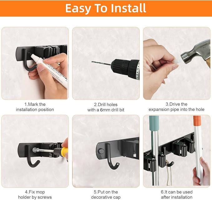 CUXIXA Mop and Broom Holder Wall Mount, Upgraded Broom Organizer Wall Mount, Stainless Steel Broom Hanger Wall Mount for Kitchen Garden Laundry Room Decor(4 Racks with 5 Hooks Black) - Image 6