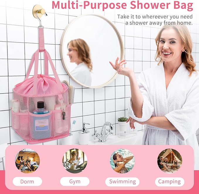 Shower Caddy Portable for College Dorm Room Essentials, Hanging Shower Caddy with Hook and Drawstring, Quick Dry Mesh Shower Bag with 6 Pockets for Bathroom, Swimming, Gym, Camping, Beach, Travel - Image 8