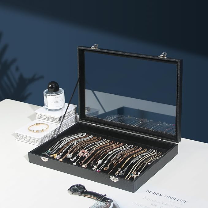 Coward 20 Hooks Necklace Organizer Jewelry Box, Dustproof Necklace Display Holder Case, Black Velvet Necklace Display Tray Case with Transparent Glass Lid for Home Use or Store Selling Show - Image 7