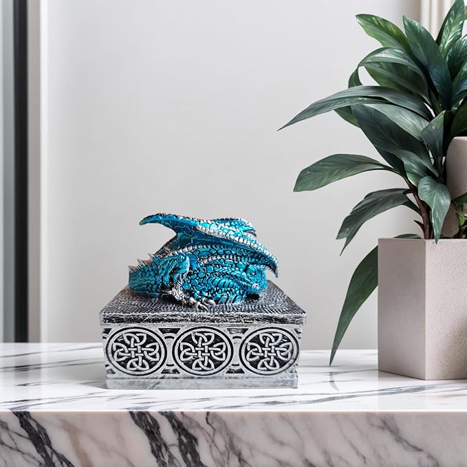 Dragon Statue Jewelry Box, Medieval Fantasy Myth Dragon With Cover Treasure Box, Dragon Statue Decoration Collection Gift Box. (Blue) - Image 8