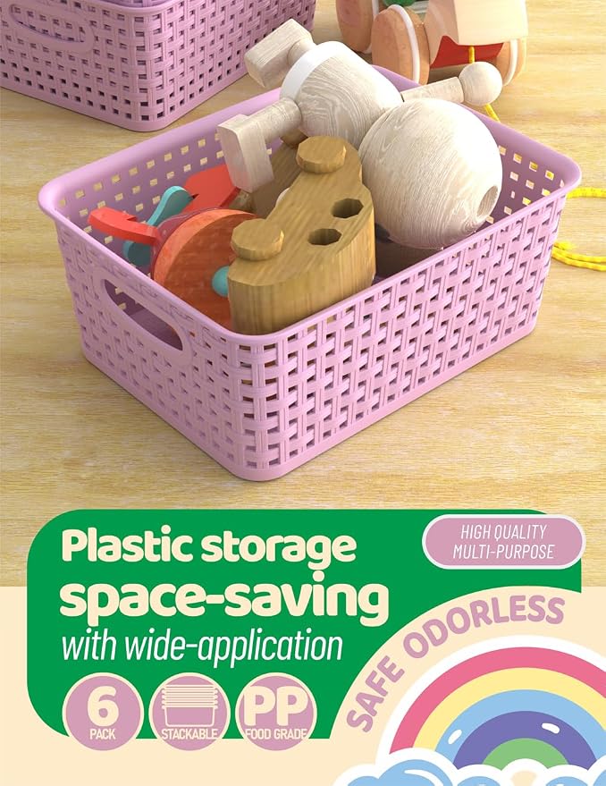 WYT 6-Pack Plastic Small Shelf Storage Weave Baskets Organizing for Cabinets and Pantries, Lavender Purple - Image 5