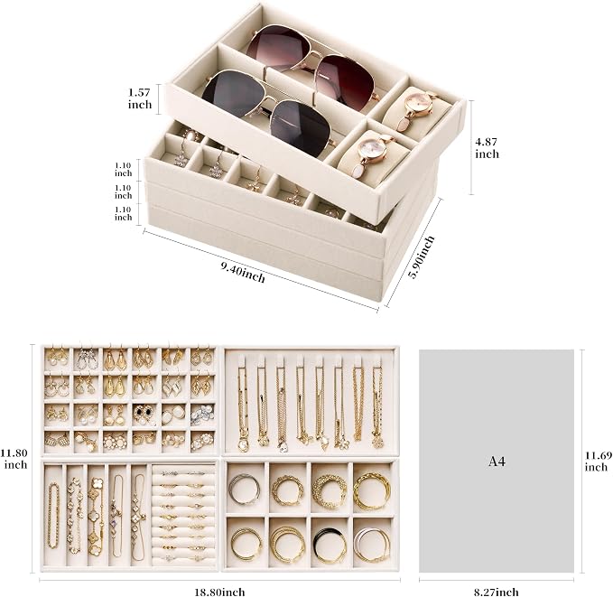 Velvet Jewelry Drawer Organizer Trays – 4-Layer Stackable Jewelry Storage Inserts Set, Beige Jewelry Tray Set for Earrings, Rings, Necklaces, Bracelets with Removable Dividers for Dresser & Vanity - Image 7