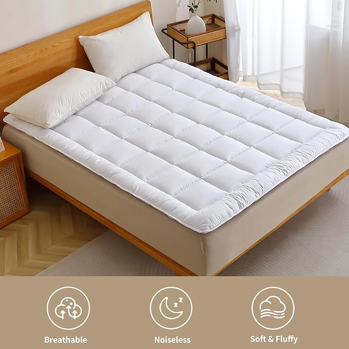 Quilted Fitted Mattress Pad, Elastic Fitted Mattress Topper Protector and Cover Stretches up to 14 Inches Deep, 4 Anchor Elastic Bands, Machine Washable (White, Queen)
