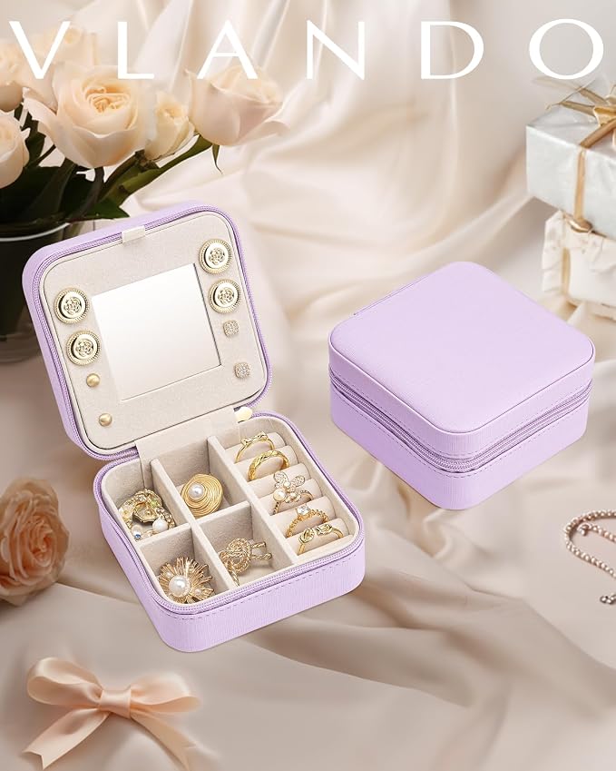 VLANDO Small Travel Jewelry Box Organizer - Girls Women Gift Rings Earrings Necklaces Jewelry Storage Display Case with Mirror Purple - Image 6