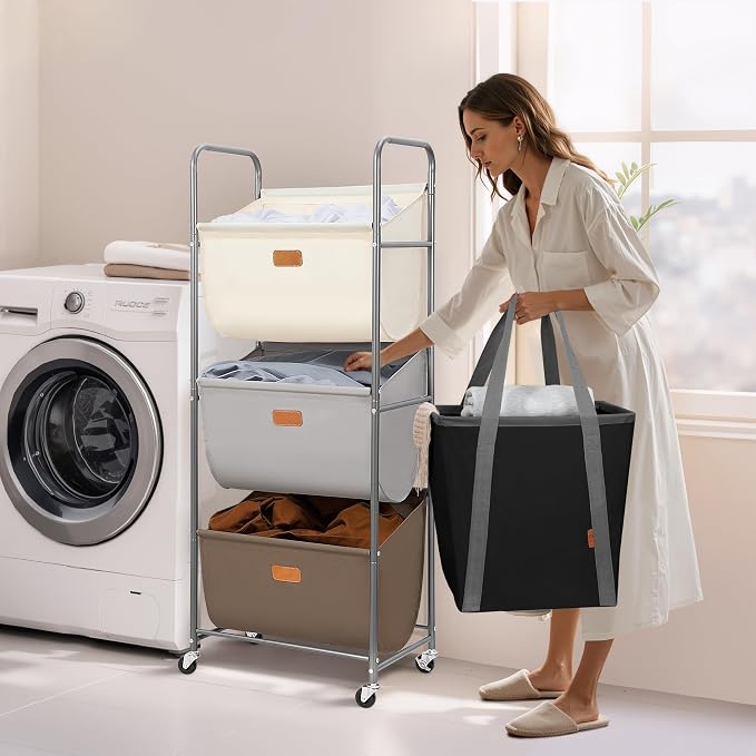STORAGE MANIAC 120 Liters Vertical Rolling Laundry Hamper, 3 Section Laundry Sorter with Wheels and 2 Breaks, 3-tier Laundry Baskets for Small Space, Dorm, Laundry Room, Closet, Multicolored 3-tier - Image 8