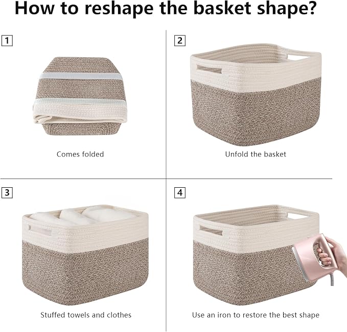 OIAHOMY 4 Pack Storage Baskets for Organizing, Basket for Shelves with Handle, Woven Baskets for Storage Toys, Towels, Books, Cotton Rope Basket 13" L x 9 " W x 7.8 " H, Deep Brown & White - Image 7