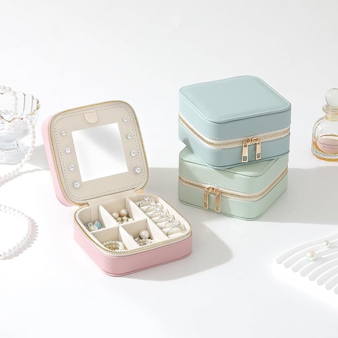 Genuine Leather Travel Jewelry Organizer Case with Mirror for Women, Small Mini Portable Jewelry Box for Ring Earrings Necklace Bracelet Luxury Gift for Women(Mint Green) - Image 7
