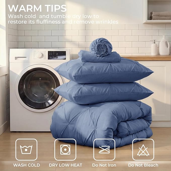 Sasttie Twin Comforter Set, 5-Piece Bed in a Bag, Pintuck Bedding Sets for All Season, Includes Comforter, Flat Sheet, Fitted Sheet, Pillowcase and Pillowsham, Slate Blue