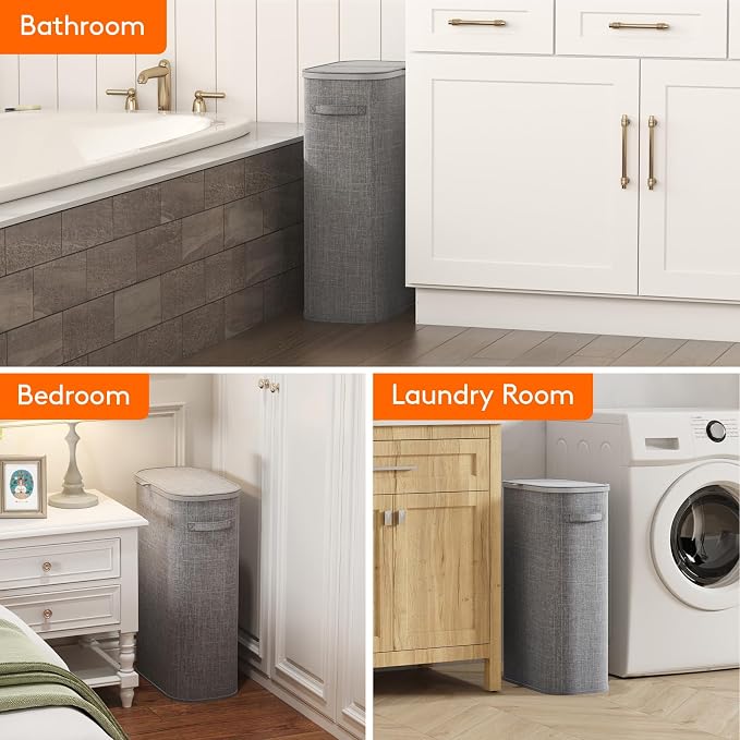 Lifewit Slim Laundry Basket with Lid, Narrow Large Laundry Hamper with Plastic Handles and Removable Bag, Tall Foldable Dirty Clothes Hampers for Laundry Room, Bedroom, Bathroom, Dorm, 65L Gray - Image 9