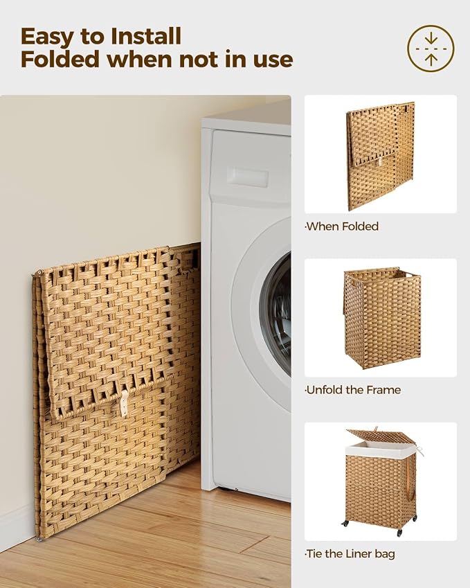 Greenstell Laundry Hamper with Wheels, No Install Needed, 90L Divided Handwoven Hampers & 2 Removable Liner Bags, Synthetic Rattan Clothes Laundry Basket with Lid & Handles, Foldable Hampers Natural - Image 8