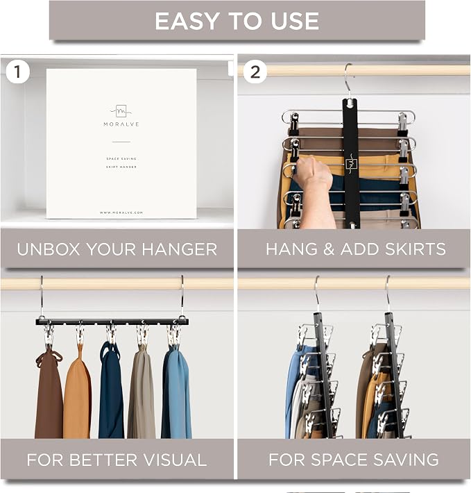 MORALVE Skirt Hangers Space Saving with Clips - 2 Pack - European Beechwood 5-Tier Hanger for Shorts, Skirts, and Pants - Closet Organizer and Storage Solution for Women with 360° Swivel Hook - Image 7