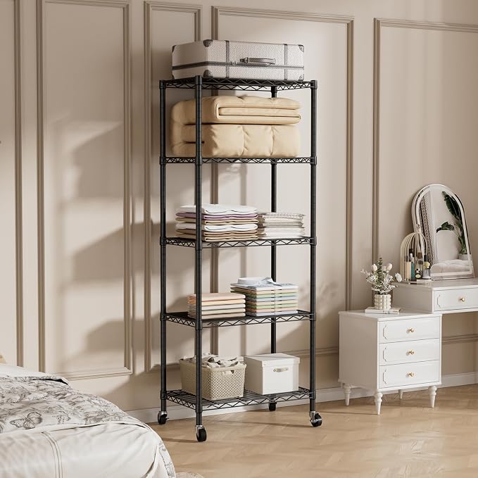 SINGAYE 5 Shelf Storage Wire Shelves Closet Bathroom Organizers Metal Pantry Kitchen Garage Shelving Unit Laundry Room Organization Home Narrow Rack Net Basket with Wheels Black - Image 9