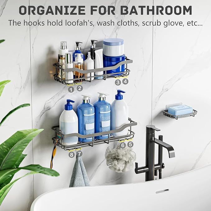 OMAIRA 3-Pack Shower Caddy with Soap Holder, Adhesive Rustproof No-drill Strudy Loading Inside Shower Organizer Shelves Rack Storage Bathroom Organization for Smooth Wall Glass Tile, Grey (X-Large) - Image 6