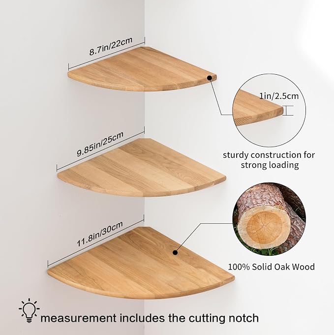 Corner Shelves, Floating Corner Shelf, Set of 3 Solid Oak Wood Corner Wall Shelves, Round End with Wire Hole Shelving for Small Plant for Bedroom Kitchen, Living Room (Size 9/10/12in) - Image 7