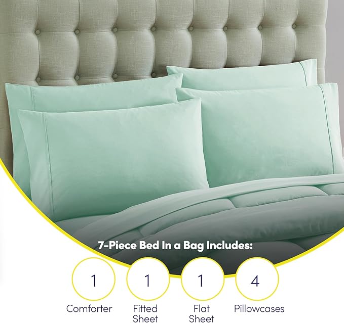 King Size Comforter Set with Sheets - 7-Piece Bedding Collection - 1 Comforter, 1 Fitted Sheet, 1 Flat, 4 Pillowcases - Deep Pocket - Soft & Breathable Premium Quality - Ideal for All Seasons, Mint