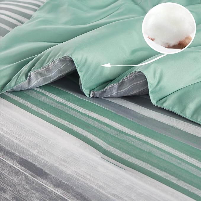 KAKIJUMN 7 Piece Bed in a Bag Stripe Comforter Set Full Size, White Grey Sage Green Patchwork Striped Comforter and Sheet Set, All Season Soft Microfiber Complete Bedding Set(Green,Full)