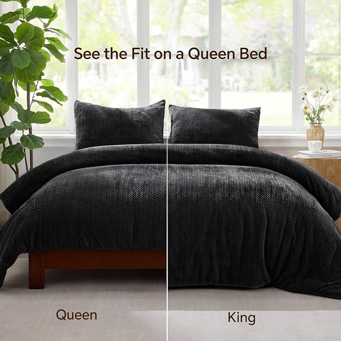 Flannel Fleece Comforter King Set - Furry Black Leaves Pattern Faux Fur Bed Set, Winter Ultra Soft Fuzzy Comfort Set, Velvet Bedding Set for Bed with 2 Pillow Cases