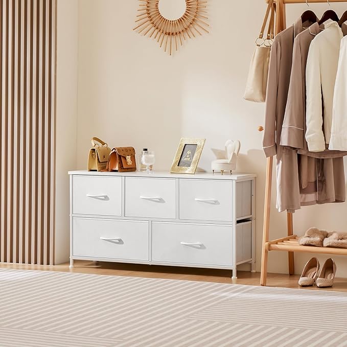 Sweetcrispy Dresser for Bedroom with 5 Storage Drawers, Fabric Storage Tower Organizer, Chest of Drawers with Metal Frame Wooden Top for Closet, Living Room, Entryway, White