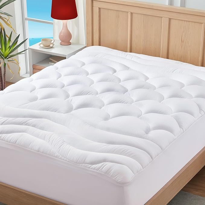 Queen Mattress Pad for Back & Hip Pain Relief, Pillow Top Cooling Bed Topper Quilted Fitted, Hotel Quality Deep Pocket Soft Queen Mattress Protector Cover Washable (60x80 inch, White)