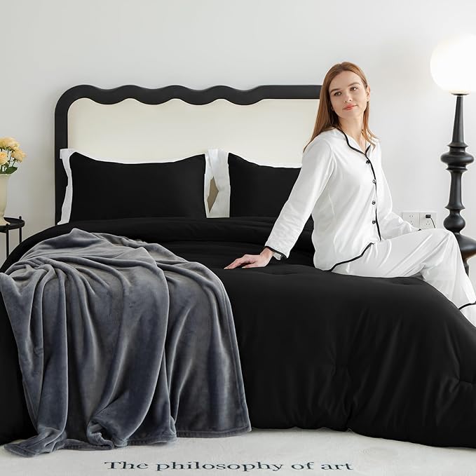 CozyLux California King Comforter Set Black, 3 Pieces Cal King Solid Breathable Bedding Quilted Sets for All Seasons, Luxury Soft Lightweight Bed Set with Down Alternative Comforter and 2 Pillowcases