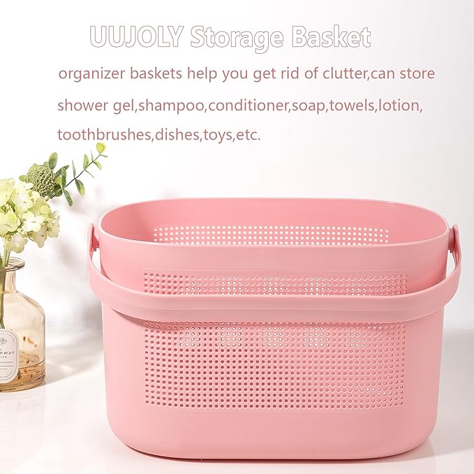 UUJOLY Plastic Storage Baskets with Handles, Shower Caddy Shelf Organizers Basket for Bathroom, Kitchen, Dorm Room, Pink - Image 2