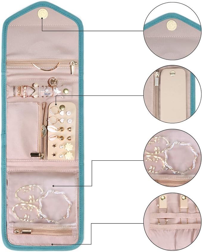 BAGSMART Travel Jewelry Organizer Case Foldable Jewelry Roll for Journey Rings, Necklaces, Earrings, Bracelets,Mini,Teal - Image 9