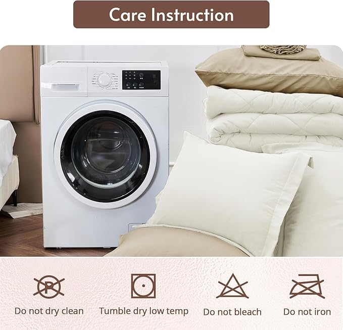 MUXHOMO 7 Pieces Full Comforter Set, Reversible Bed in a Bag Full Size, All Season Bedding Set with Comforter, Flat Sheet, Fitted Sheet, Pillowcases & Shams, Ivory & Khaki